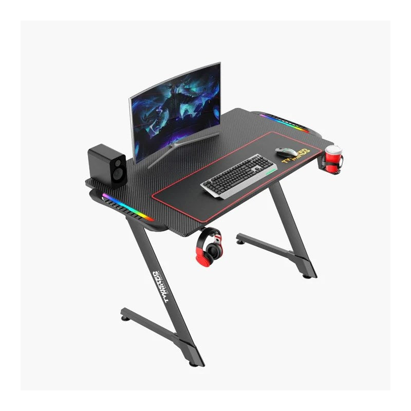 Twisted Minds Pro Fabric Gaming Chair - Black + Twisted Minds Z Shaped Gaming Desk Carbon Fiber Texture - RGB