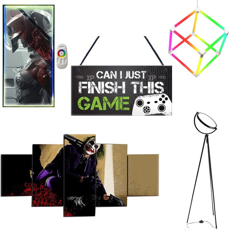 RGB LED Decor 5 In 1 Bundle Red Ivory & Joker Poster, Gamer Door Sign, Music Cubic Light and Corner 8W Floor Lamp