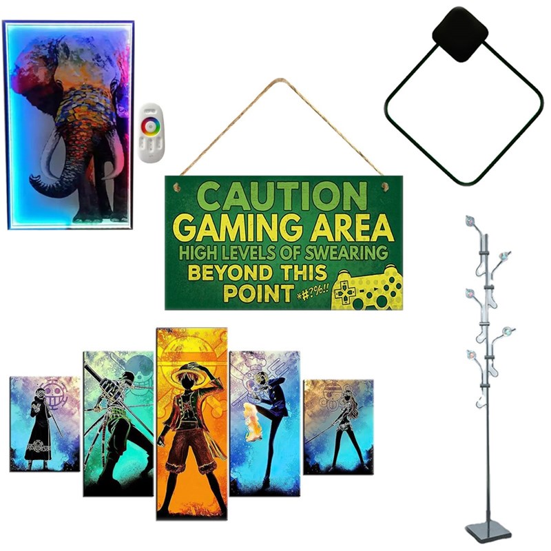 RGB LED Decor 5 In 1 Bundle Elephant & One Piece Poster, Gamer Door Sign, Sunset Corner Floor Lamp and Wall Light