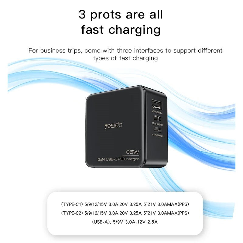 Yesido 3 in 1 Combo 65 Watts Mini Quick Travel Charger , 2 PD and 1 USB