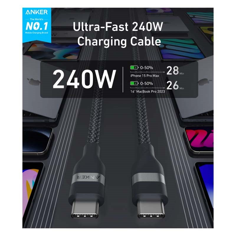 Anker Nano USB C Cable, 240 W Braided Cord, Type C Cable