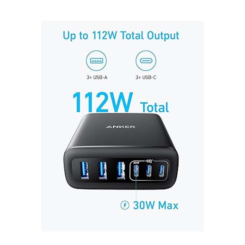 Anker 112 W Desktop Charger, Fast Charging USB C Charger, 6 Port PD Charging Station (3 USB C + 3 USB), Black