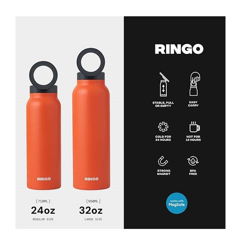 RINGO Water Bottle, 32 Oz/1 L , MagSafe Screw Lid MagSafe Booster Ring, Orange