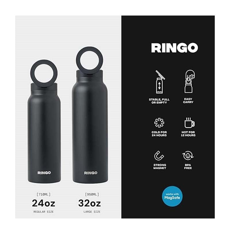 RINGO Water Bottle, 32 Oz/1 L, MagSafe Screw Lid MagSafe Booster Ring, Black