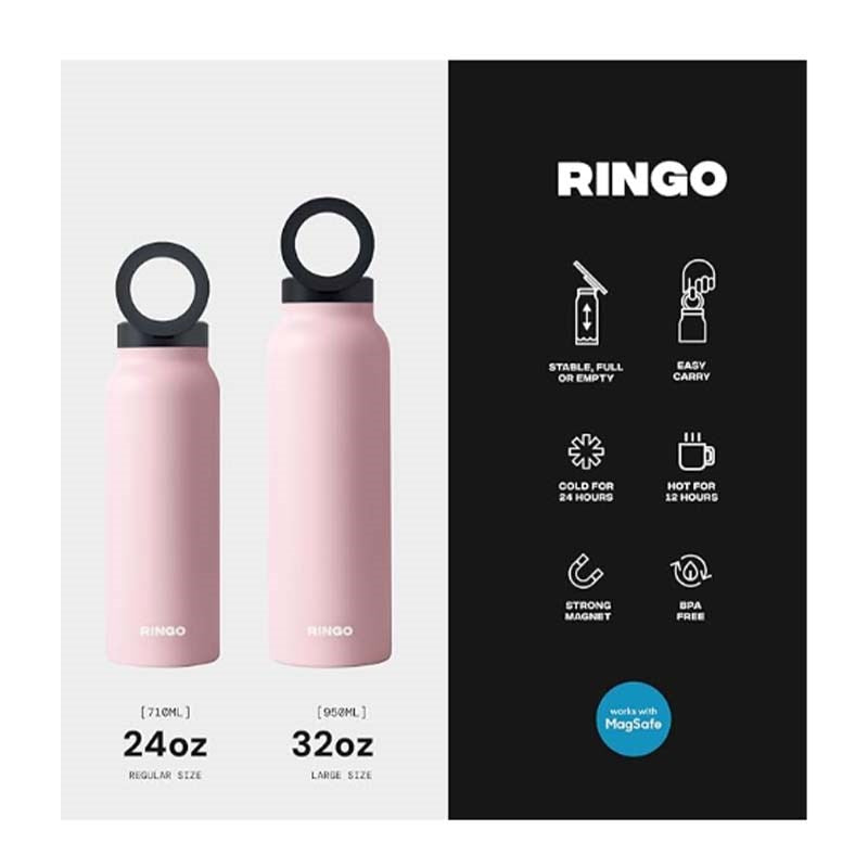 RINGO Water Bottle, 32 Oz/1 L, MagSafe Screw Lid MagSafe Booster Ring, Pink