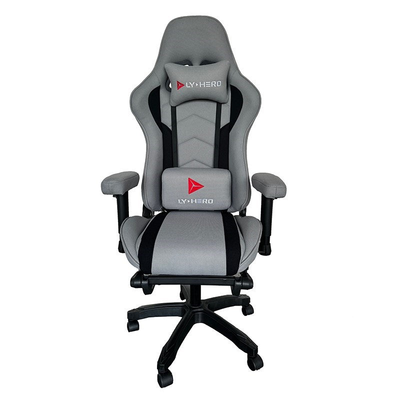 Hero Gaming Chair - Fabric Grey + Twisted Minds Z Shaped Gaming Desk Carbon Fiber Texture - RGB