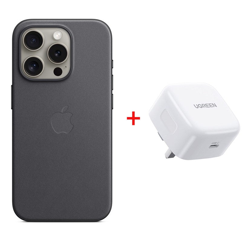 Apple iPhone 15 Pro FineWoven Case with MagSafe – Black with Ugreen PD 20 Watts Fast Charger UK - White