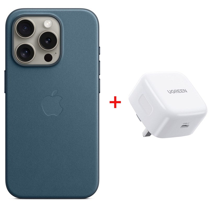 Apple iPhone 15 Pro FineWoven Case with MagSafe - Pacific Blue with Ugreen PD 20 Watts Fast Charger UK - White