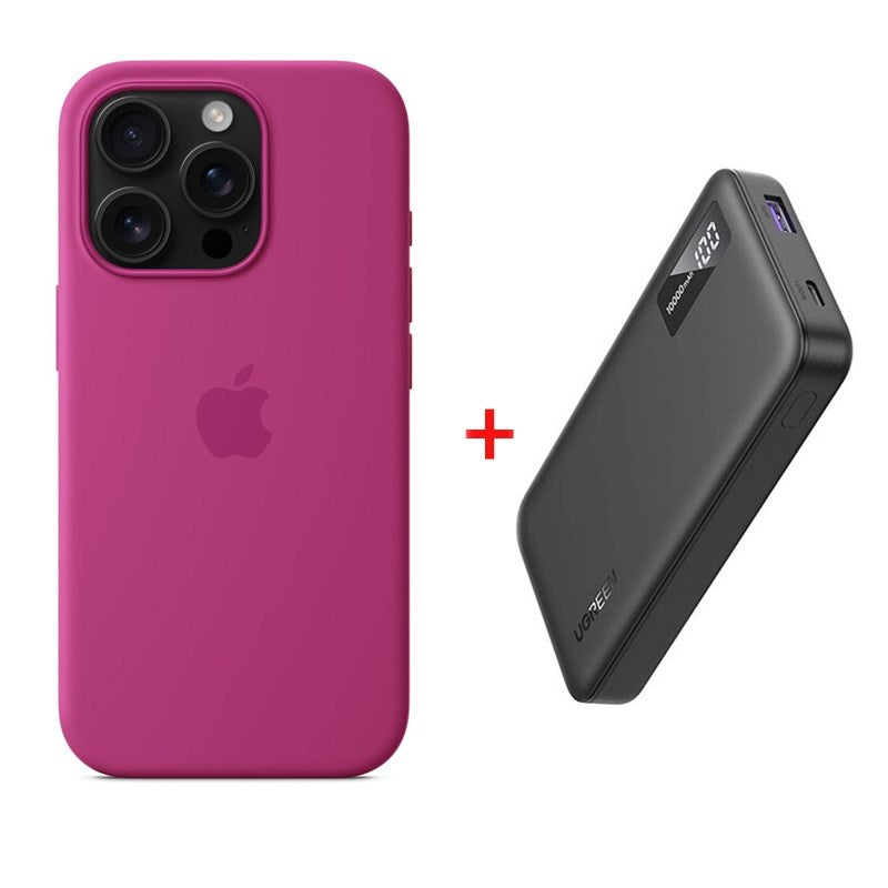 Apple iPhone 16 Silicone Case with MagSafe, Fuchsia with Ugreen Power Bank 10,000 mAh