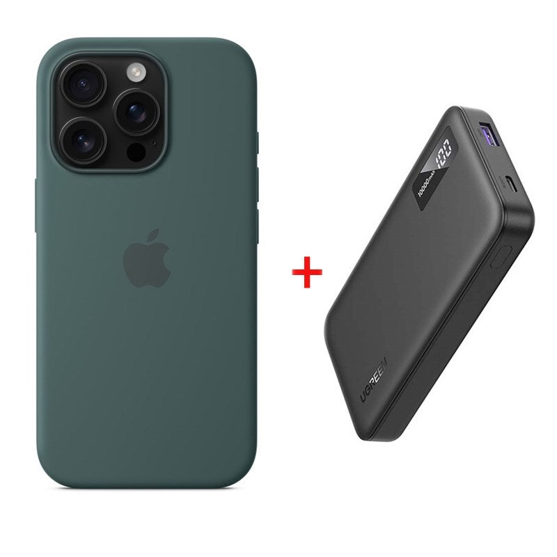 Apple iPhone 16 Silicone Case with MagSafe, Lake Green with Ugreen Power Bank 10,000 mAh