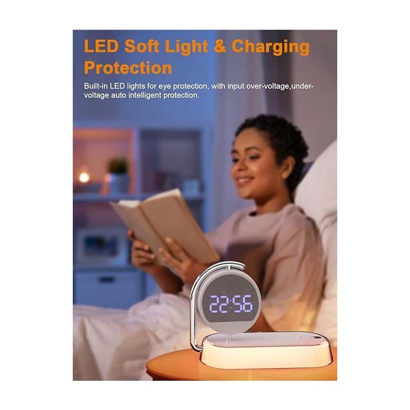 3 in 1 Night Light Alarm Clock, 3 Ways Dimmable Touch Table Lamp with 15 Wireless Charger, LED Digital Alarm Clock