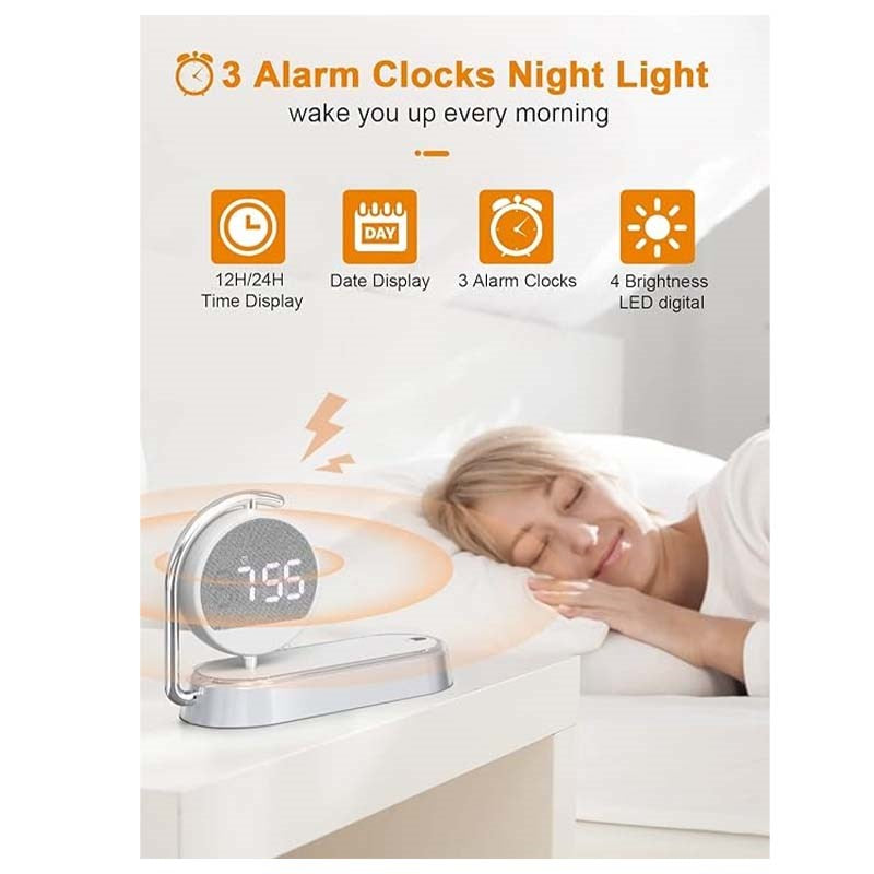 3 in 1 Night Light Alarm Clock, 3 Ways Dimmable Touch Table Lamp with 15 Wireless Charger, LED Digital Alarm Clock