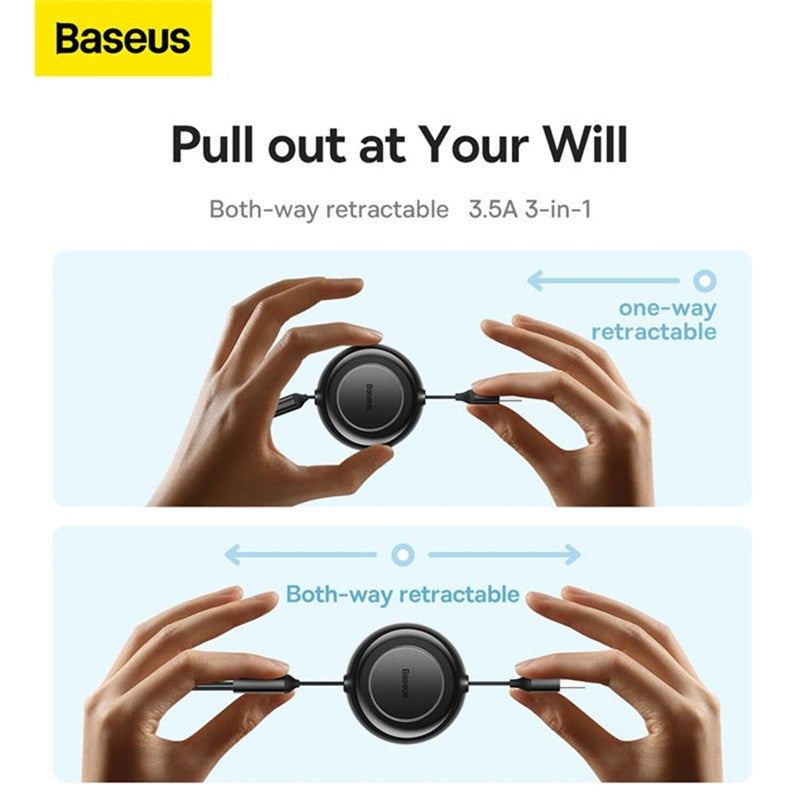 Baseus 100 Watts 3 in 1 Rectractable Cable - Black