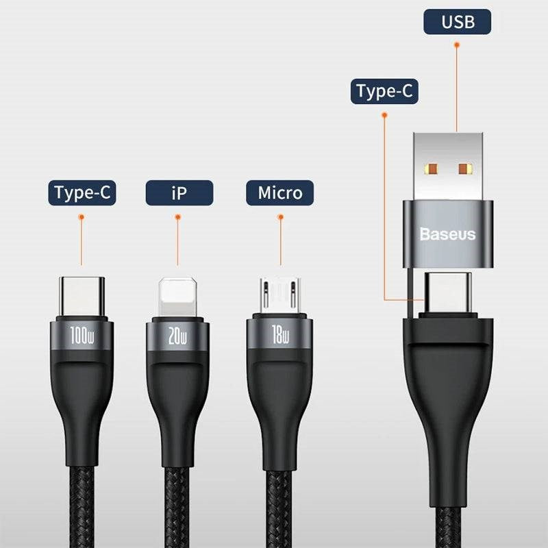Baseus Flash Series Two For Three Charging Cable U+C to M+L+C 100 Watts