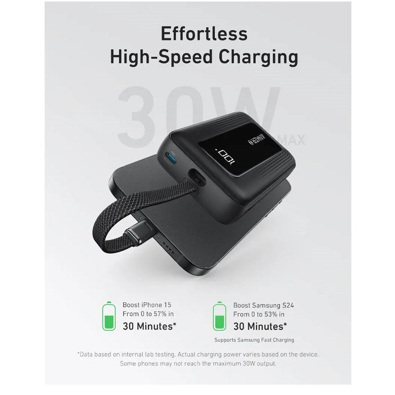 Anker Zolo Power Bank (20K, 30 Watts, Built-In USB-C Cable), Black