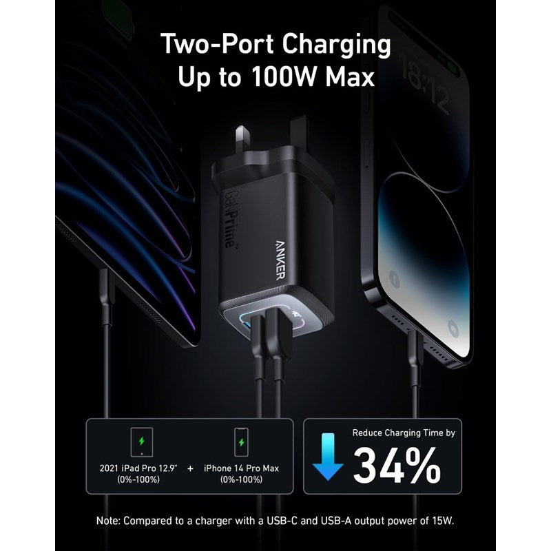 Anker Prime Charger (100 Watts, 3 Ports, GaN), Silver