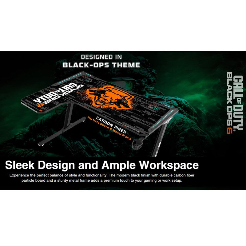 Call of Duty Flowing Light Gaming Desk With Full Table Mouse Pad, Wireless Charger, USB Splitter, Headphone Hook, Cup Holder