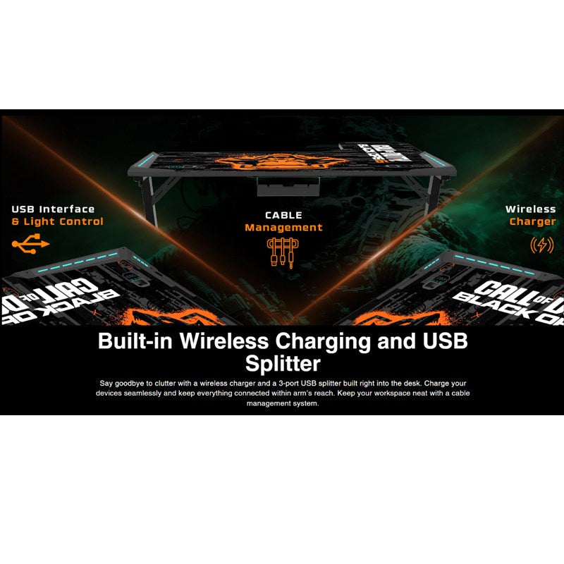 Call of Duty Flowing Light Gaming Desk With Full Table Mouse Pad, Wireless Charger, USB Splitter, Headphone Hook, Cup Holder