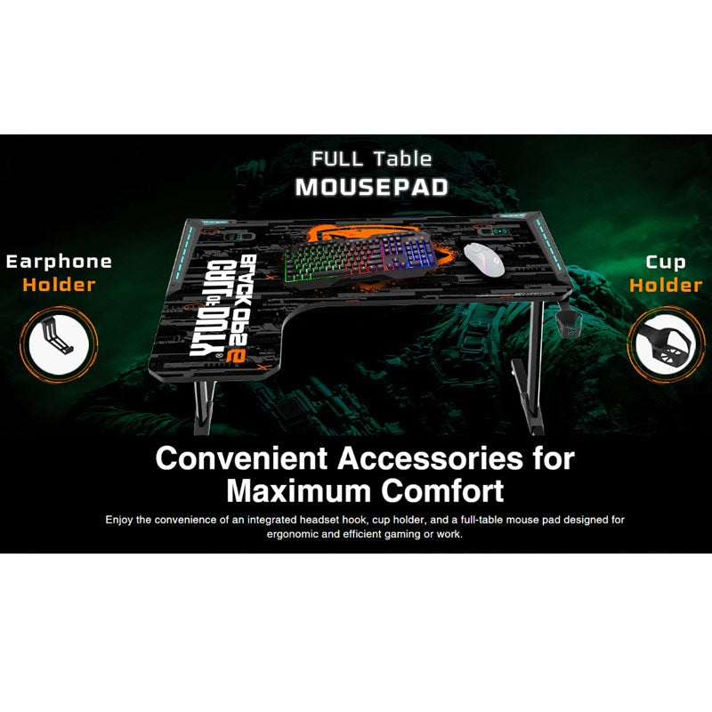 Call of Duty Flowing Light Gaming Desk With Full Table Mouse Pad, Wireless Charger, USB Splitter, Headphone Hook, Cup Holder