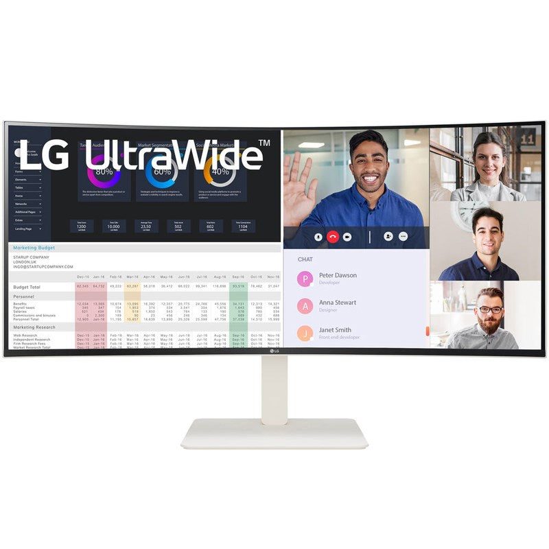 ال جي شاشة الترا وايد 38WR85QC-W بحجم 38 بوصة, دقة وضوح WQHD, بمعدل تحديث 144 هرتز، ووقت استجابة 1 مللي ثانية, مزودة بمنفذ HDMI 2.1 ومنفذ تايب سي
