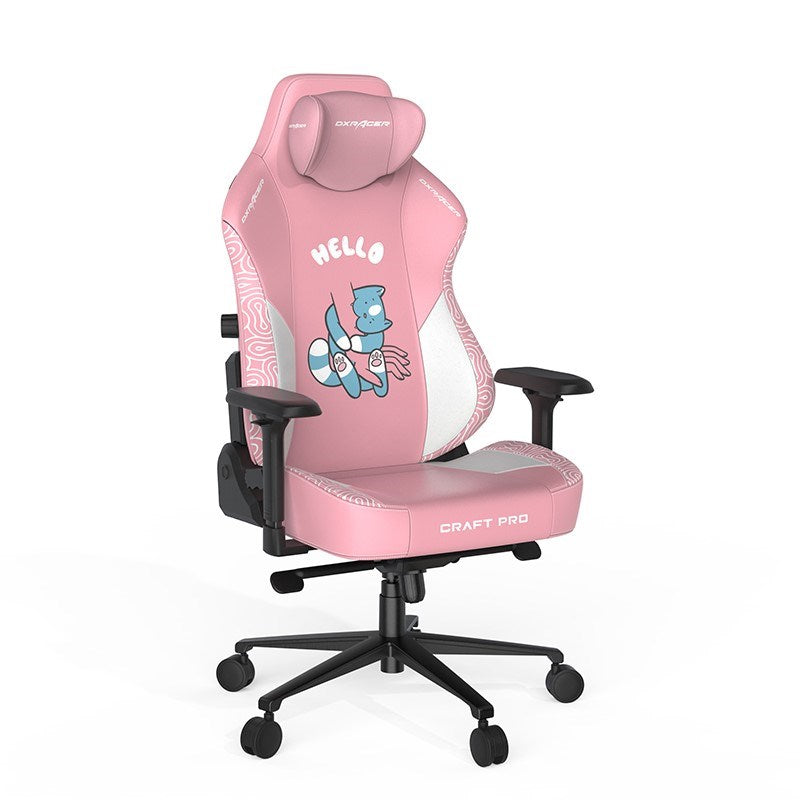 DXRacer Craft Pro Hallo Cat Gaming Chair - Pink with GAMEON 3in1 L-Shaped Slayer II XL Series Gaming Desk - Black