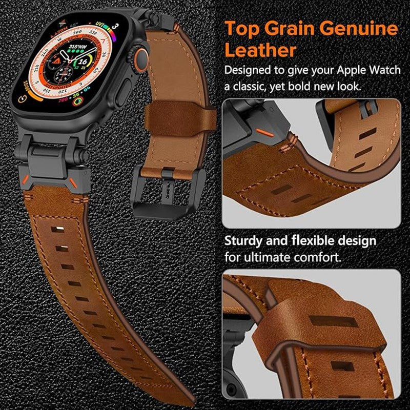 KADES Genuine Leather Band Strap with Titanium Connectors for Apple Watch 49mm, 45mm, 44mm & 42mm