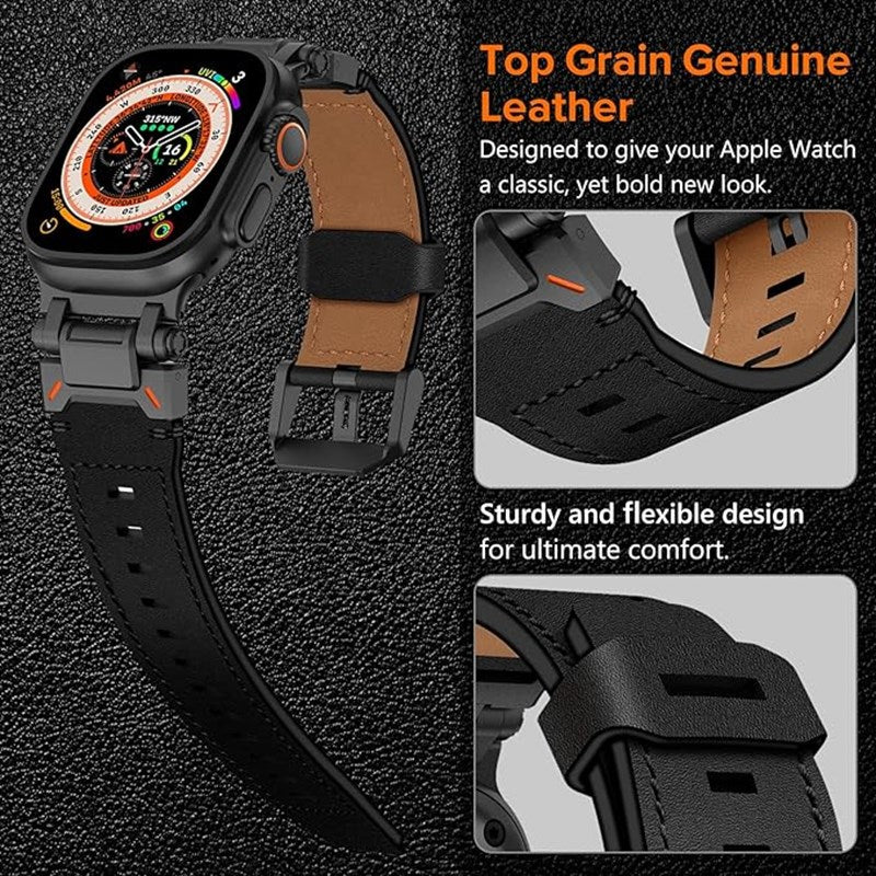 KADES Genuine Leather Band Strap with Titanium Connectors for Apple Watch 49mm, 45mm, 44mm & 42mm