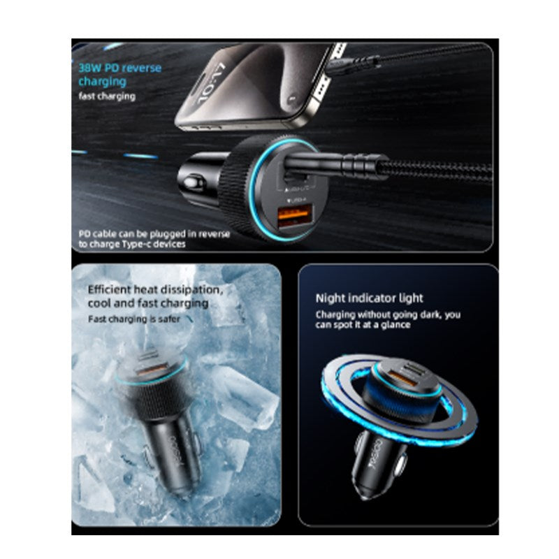 Yesido 38 W, 2 PD, 1 USB Car Charger with Cable
