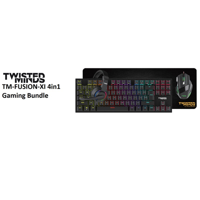 Twisted Minds 4in1 Gaming Bundle, Wired Keyboard DPI Adjustable Mouse, Rainbow Static Headset, Mouse Pad