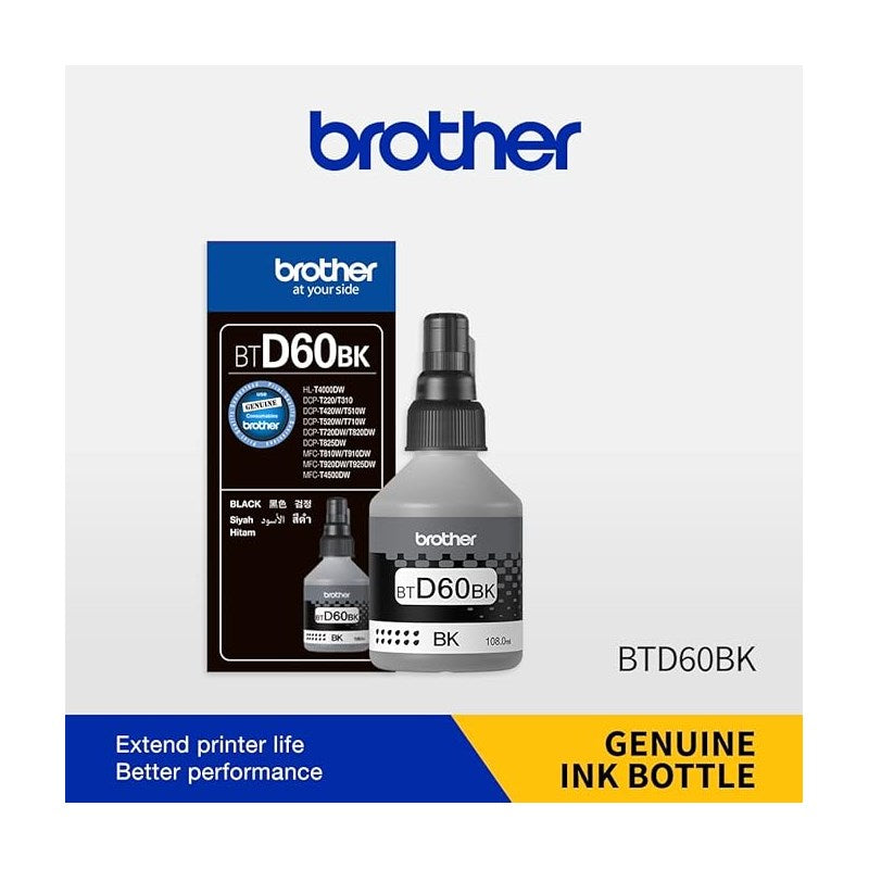 Brother Genuine BTD60BK Ultra High Yield Black Ink Bottle For Ink Tank Printers - 108 ml - Black