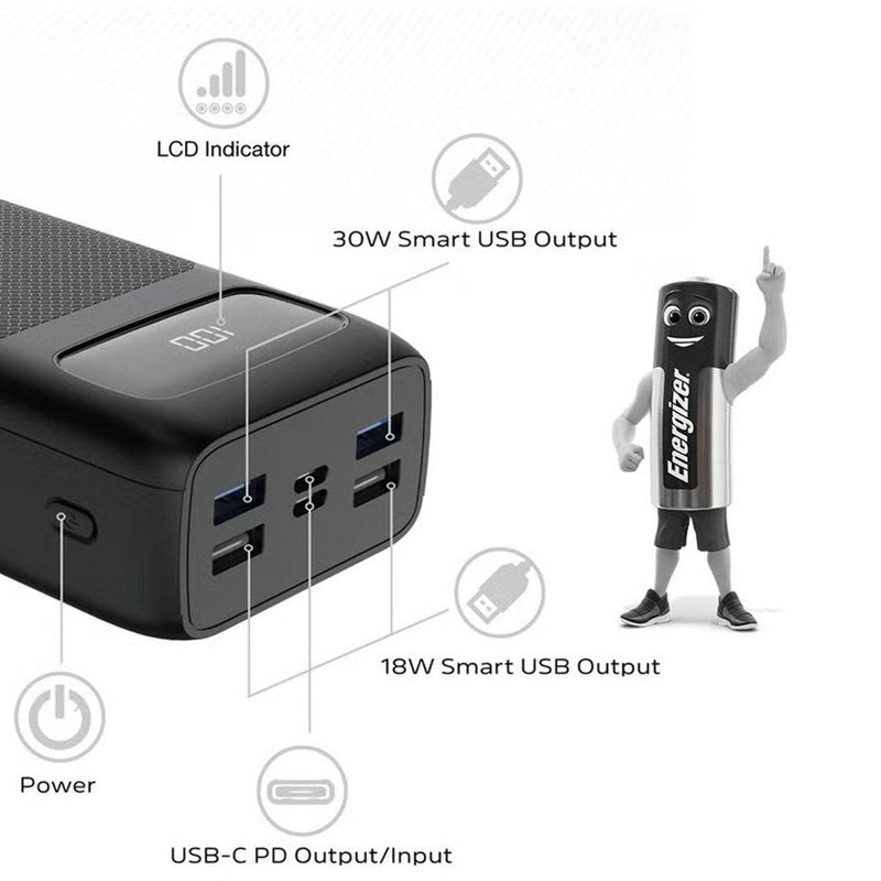 Energizer Ultimate 30000 mAh Power Bank, 22.5W, Triple Output, with Power Delivery USB-C Output and Fast Charge, Dual InputW LED Indicator, LCD Indicator, Black
