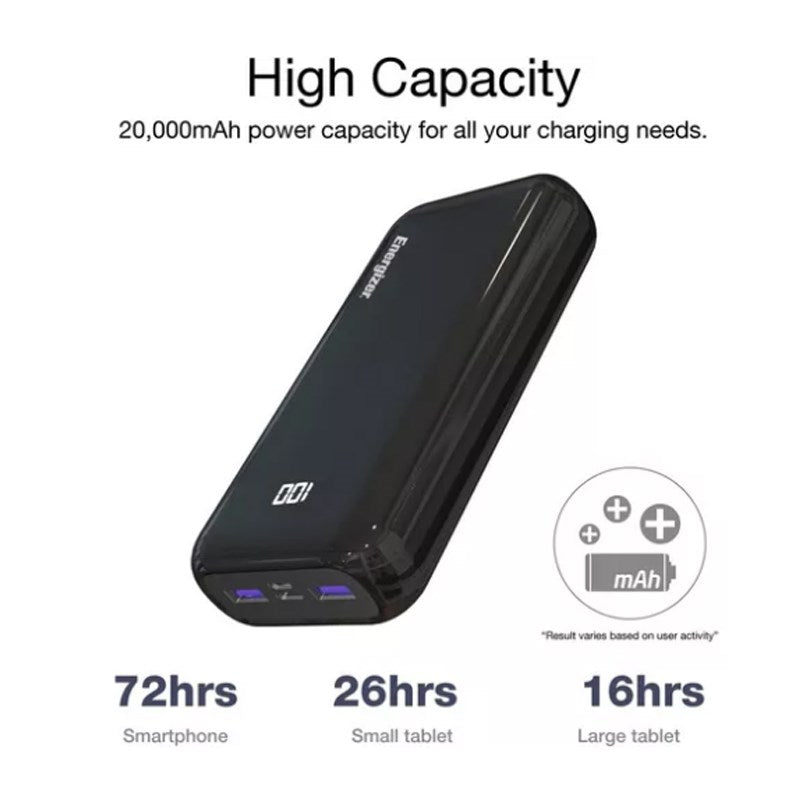 Energizer Ultimate 20000 mAh Power Bank, 22.5W, Triple Output, with Power Delivery USB-C Output and Fast Charge, Dual Input, LCD Indicator, Black