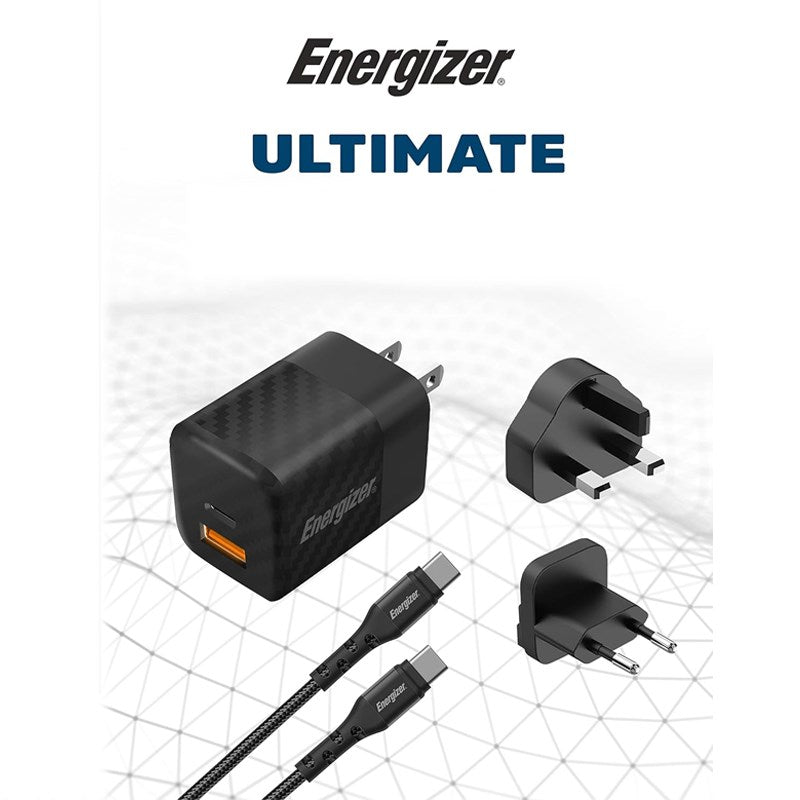 Energizer Ultimate 38W PD/QC Wall Charger with Universal Plug, Dual Output, USB-C to USB-C Braided Cable, Black