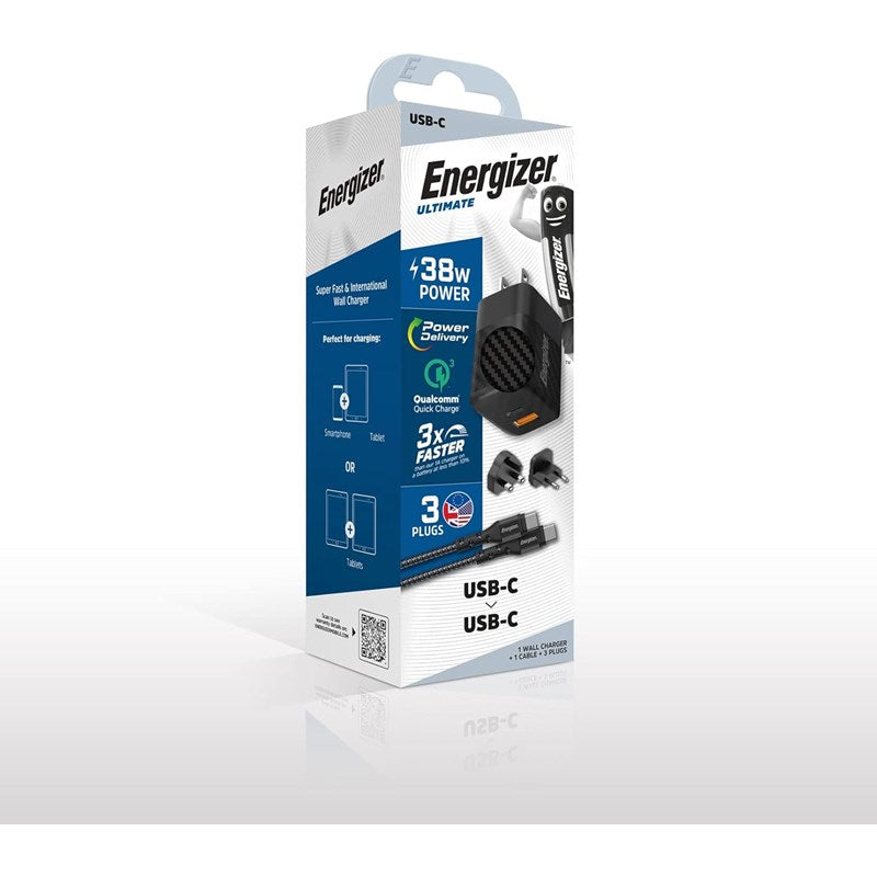 Energizer Ultimate 38W PD/QC Wall Charger with Universal Plug, Dual Output, USB-C to USB-C Braided Cable, Black