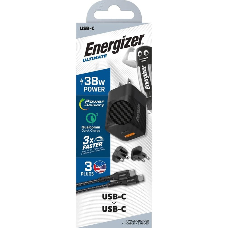 Energizer Ultimate 38W PD/QC Wall Charger with Universal Plug, Dual Output, USB-C to USB-C Braided Cable, Black