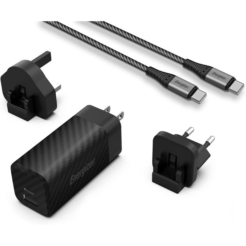Energizer Ultimate 65W PD/QC Wall Charger with Universal Plug, GaN Technology, Dual Output, USB-C to USB-C Braided Cable, Black