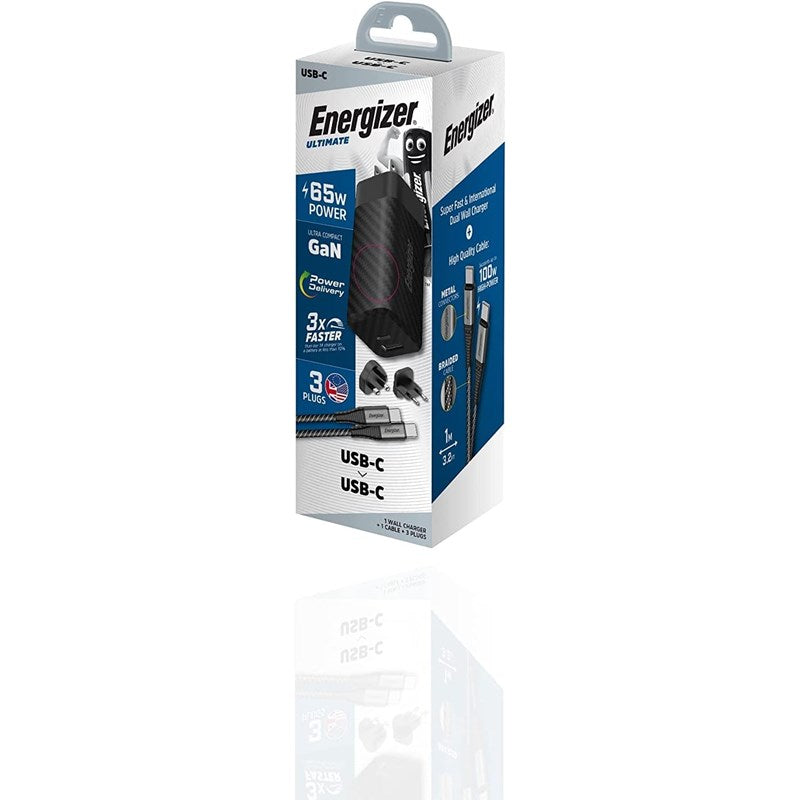 Energizer Ultimate 65W PD/QC Wall Charger with Universal Plug, GaN Technology, Dual Output, USB-C to USB-C Braided Cable, Black