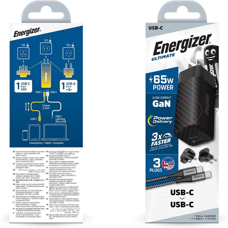 Energizer Ultimate 65W PD/QC Wall Charger with Universal Plug, GaN Technology, Dual Output, USB-C to USB-C Braided Cable, Black