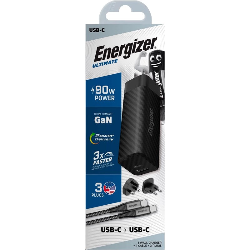 Energizer Ultimate 90W PD/QC Wall Charger with Universal Plug, GaN Technology, Dual Output, USB-C to USB-C Braided Cable, Black