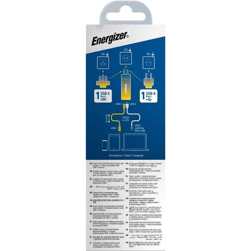 Energizer Ultimate 90W PD/QC Wall Charger with Universal Plug, GaN Technology, Dual Output, USB-C to USB-C Braided Cable, Black