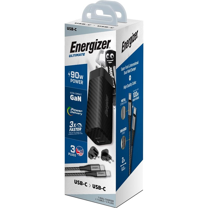 Energizer Ultimate 90W PD/QC Wall Charger with Universal Plug, GaN Technology, Dual Output, USB-C to USB-C Braided Cable, Black
