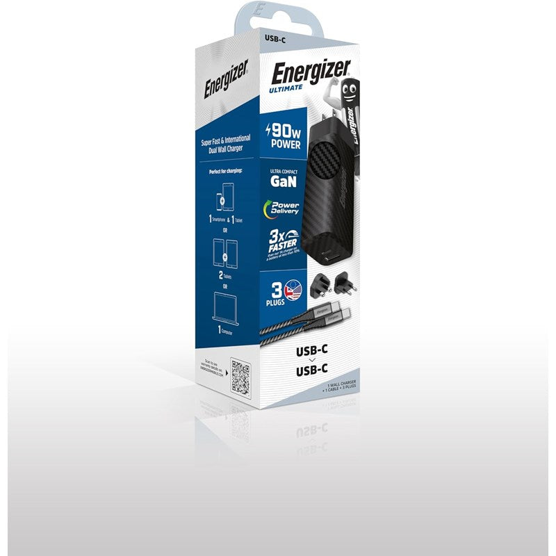 Energizer Ultimate 90W PD/QC Wall Charger with Universal Plug, GaN Technology, Dual Output, USB-C to USB-C Braided Cable, Black