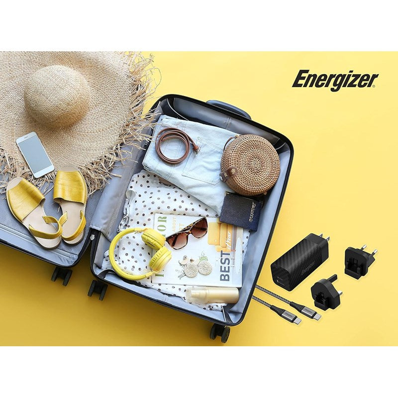 Energizer Ultimate 90W PD/QC Wall Charger with Universal Plug, GaN Technology, Dual Output, USB-C to USB-C Braided Cable, Black
