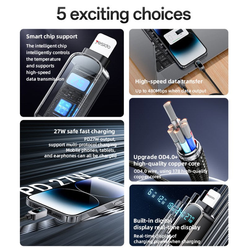 Yesido CA180, 27W, Type C to Lightning Cable with Digital Display - 1.2 M