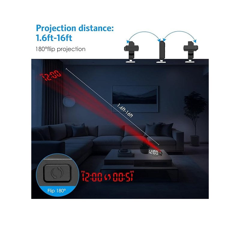 Projection Alarm Clock for Bedroom, Bedside Adjustable Brightness/Large Screen/Temperature
