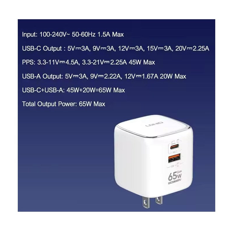 LDNIO 65 Watts GaN Super Fast Charger, 1 USB, 1 PD