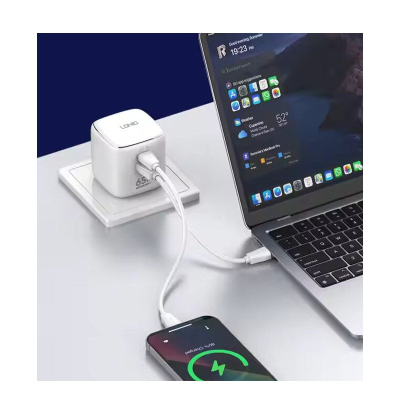 LDNIO 65 Watts GaN Super Fast Charger, 1 USB, 1 PD