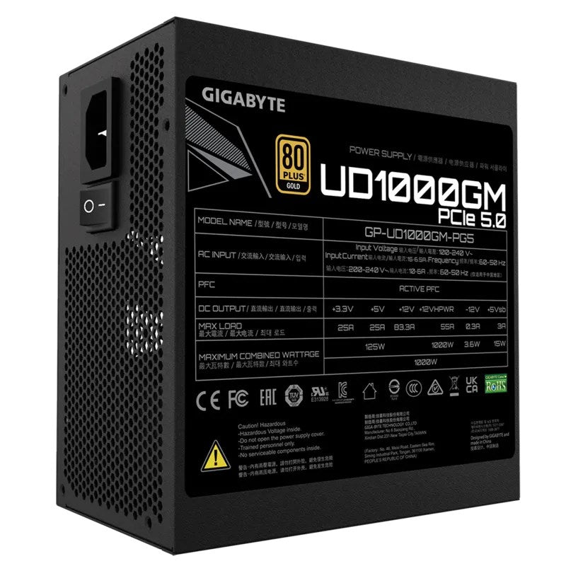 Gigabyte UD1000GM 1000 Watts Gen5 80 Plus Gold Fully Modular ATX Gaming Power Supply - Black