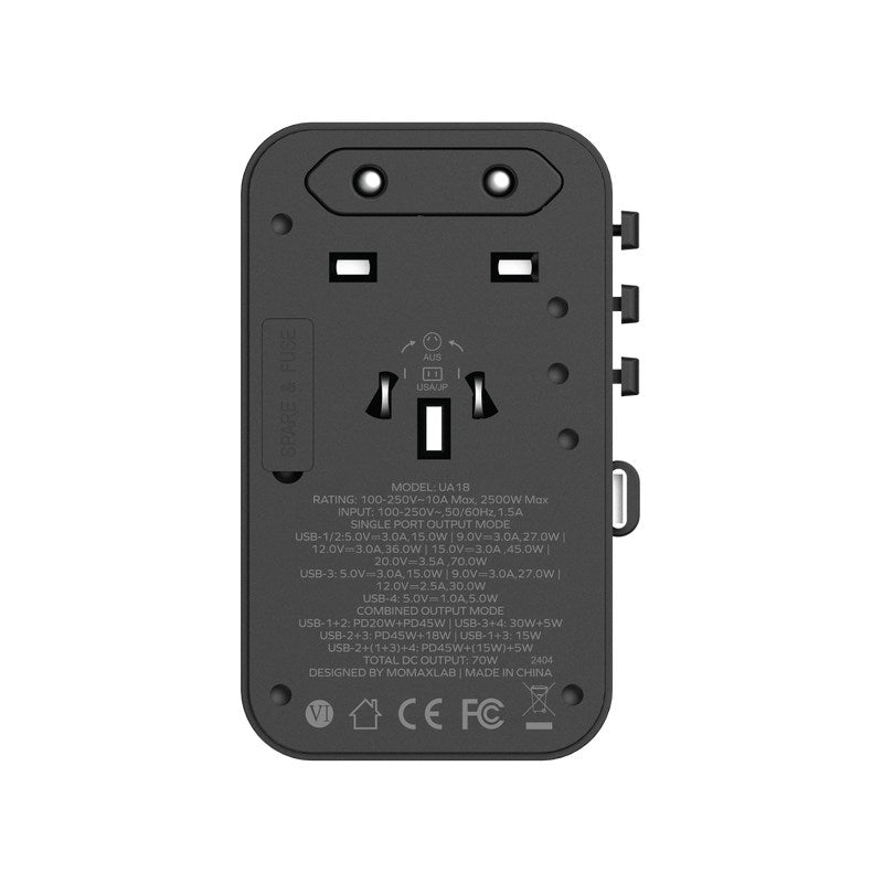 Momax 1-World+ 70W GaN 3-Port w/Built-in USB-C Cable + AC Travel Adapter