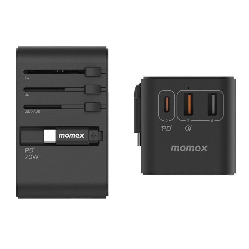 Momax 1-World+ 70W GaN 3-Port w/Built-in USB-C Cable + AC Travel Adapter